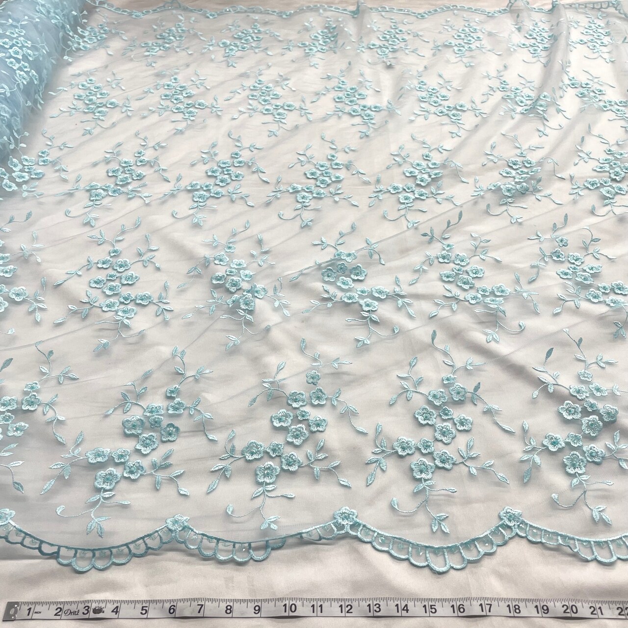 1 Yard Elegant Light Blue Beaded Lace, Embroidered Mesh Fabric for Dresses & Costumes, 52 Inches Wide